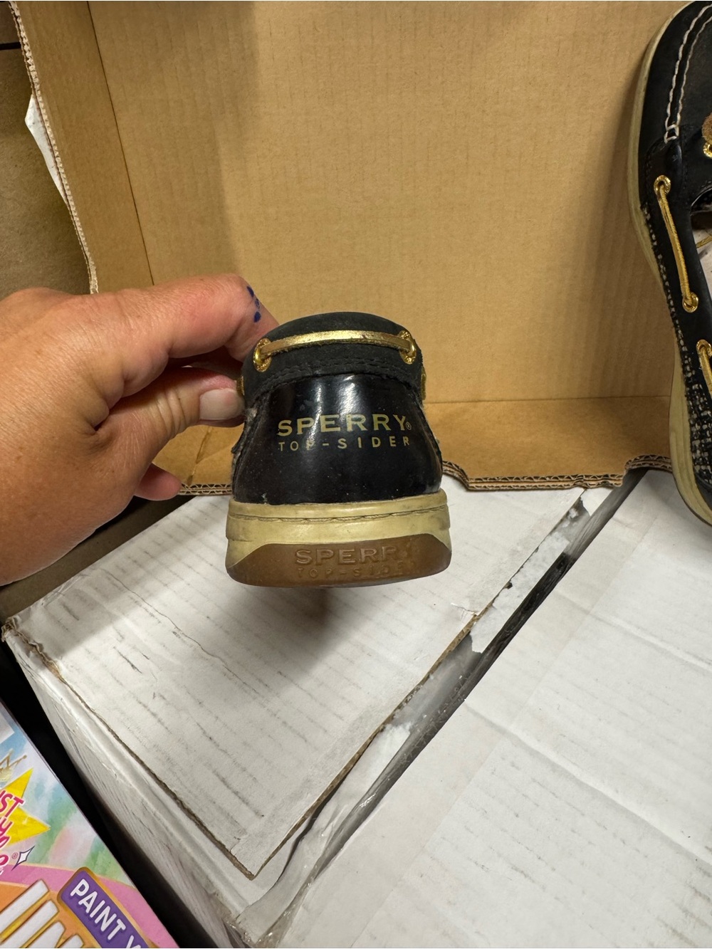 Sperry Top Sider Black Moccasin Boat Shoes with Gold Laces - Picture 4 of 6